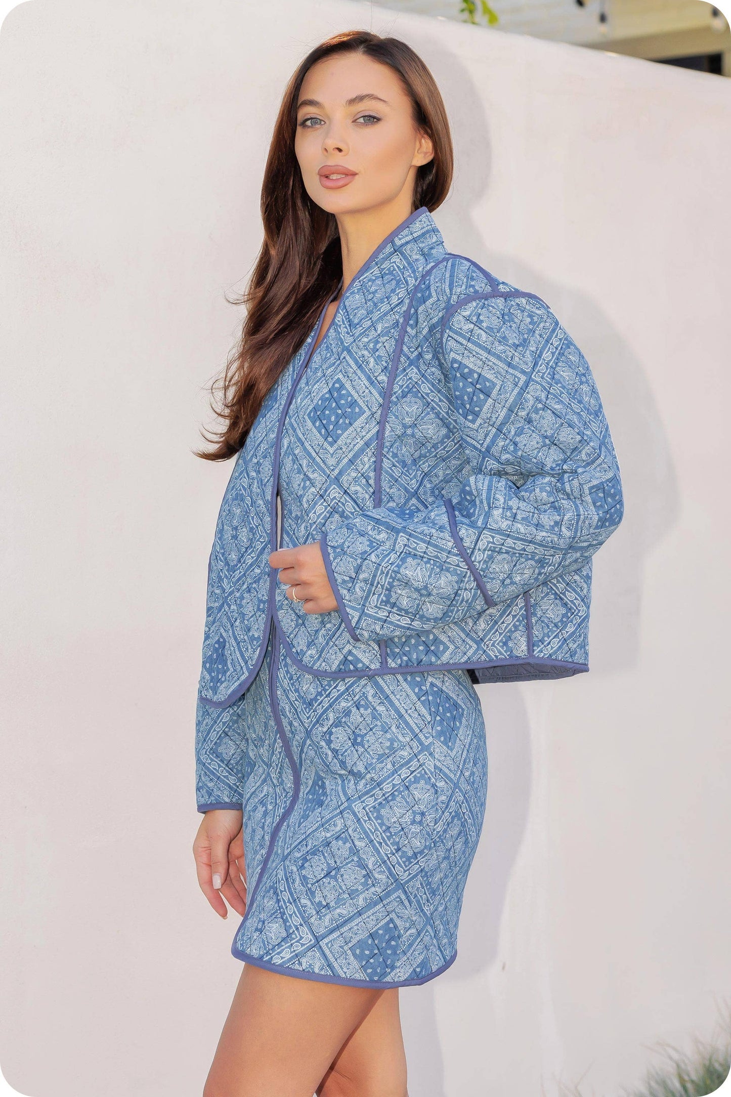 Print Padded Quilt Piping Detail Jacket