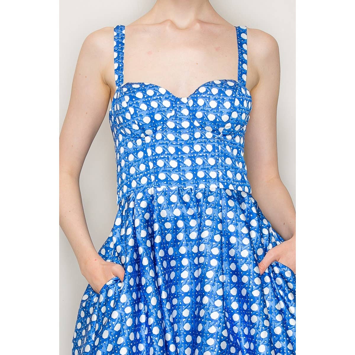 Satin Trellis Print Bustier Flared Midi Dress