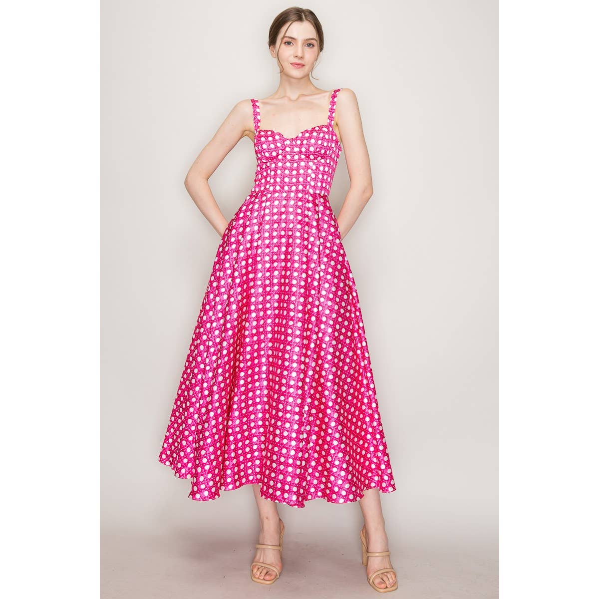 Satin Trellis Print Bustier Flared Midi Dress