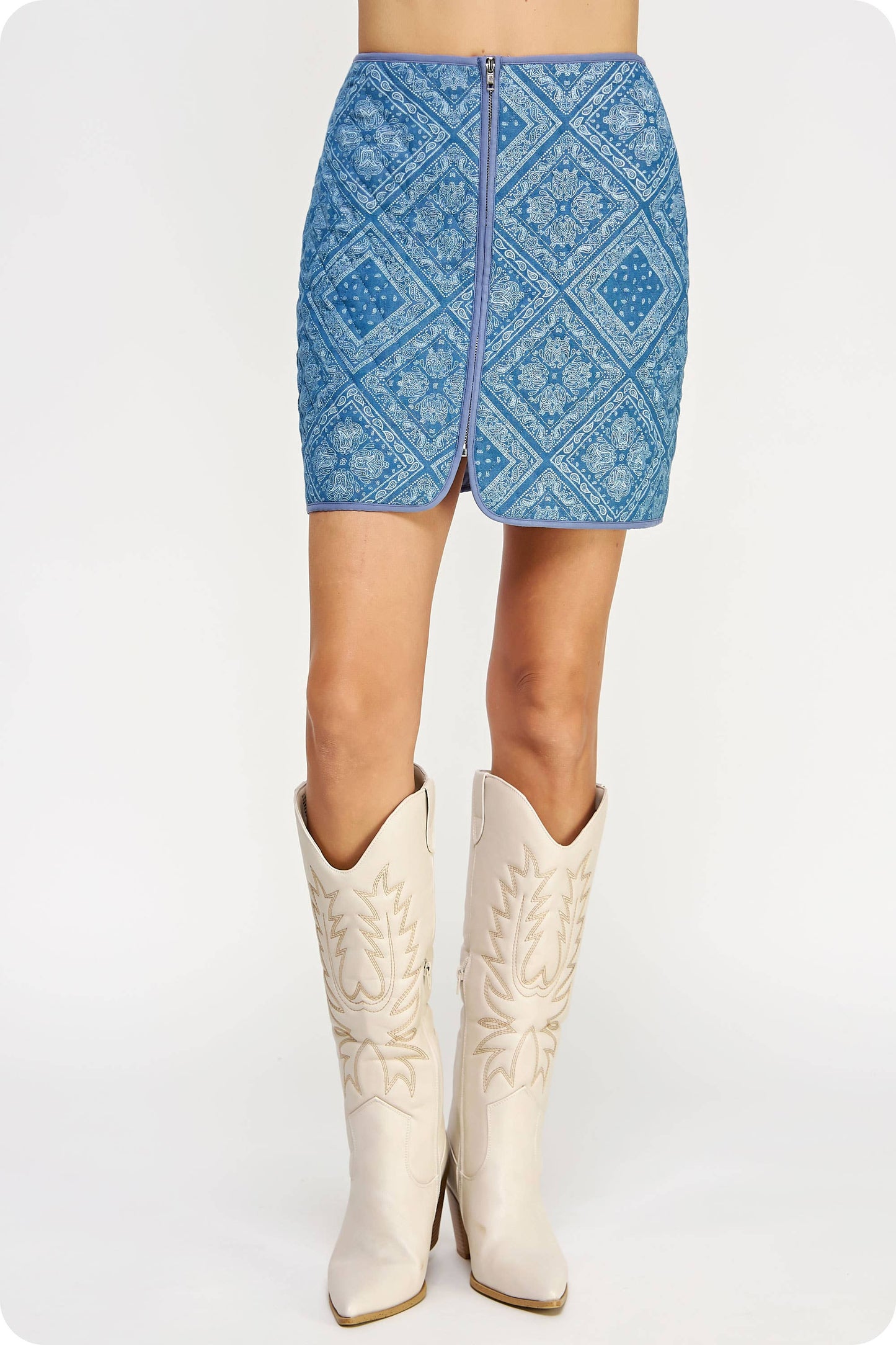 Print Padded Quilt Piping Detail Mini Skirt