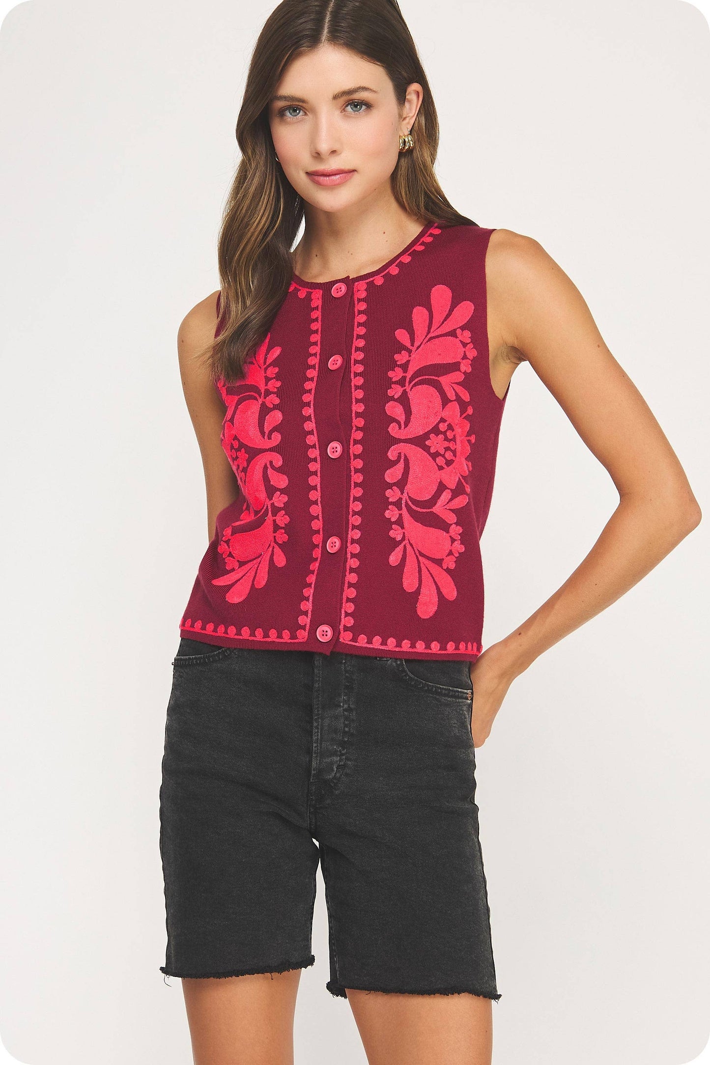 Embroidered Sleeveless Knitted Vest Top