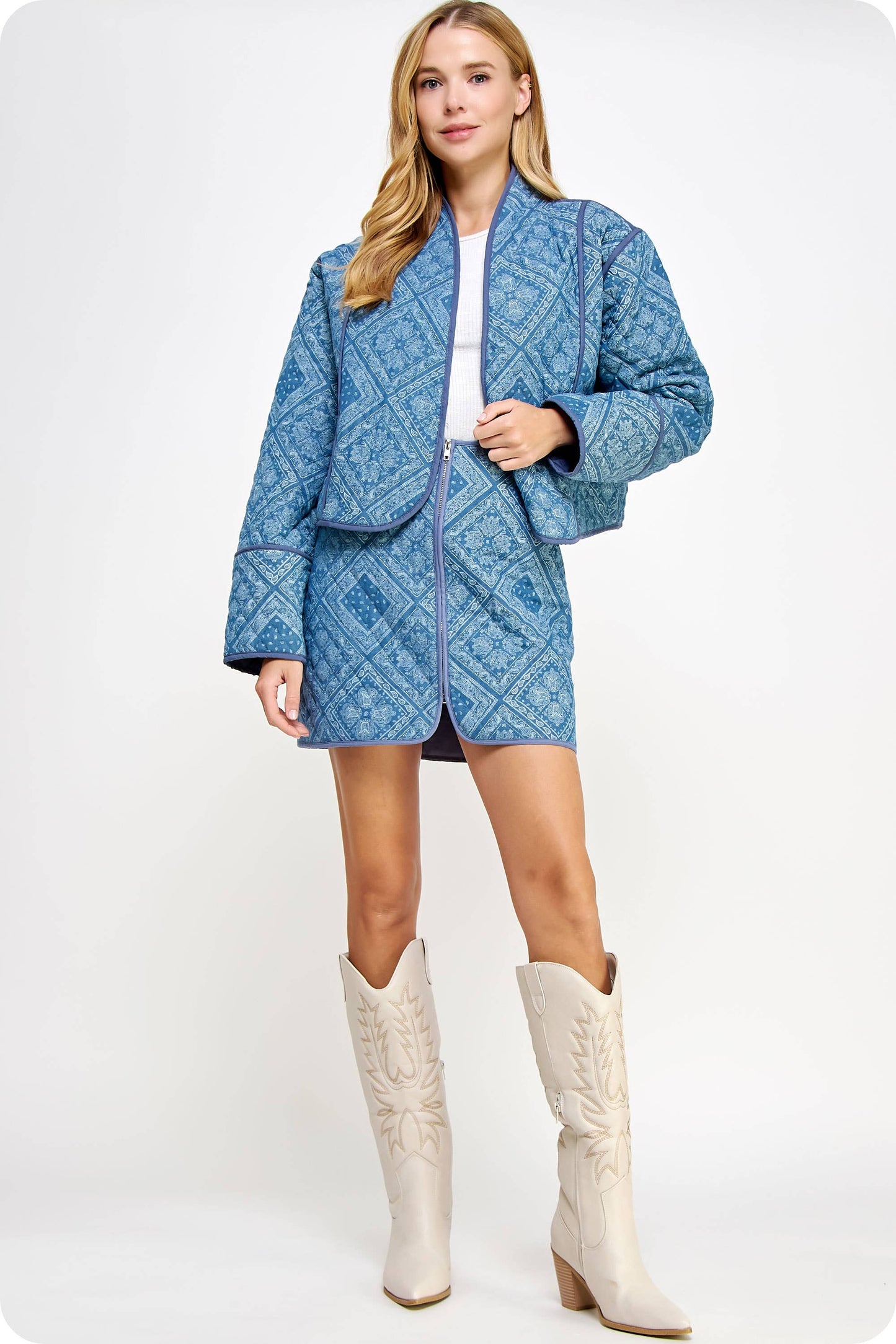 Print Padded Quilt Piping Detail Jacket