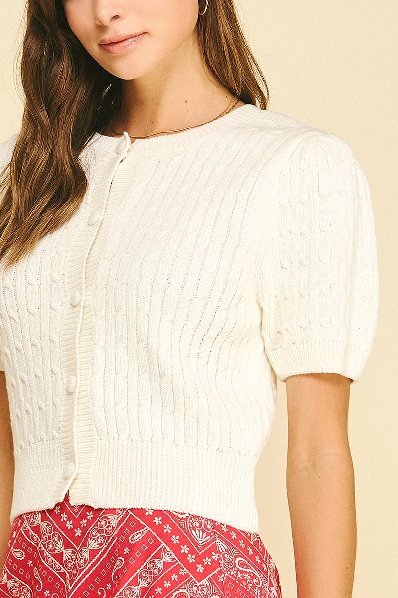 CABLE KNIT SHORT SLEEVE CARDIGAN