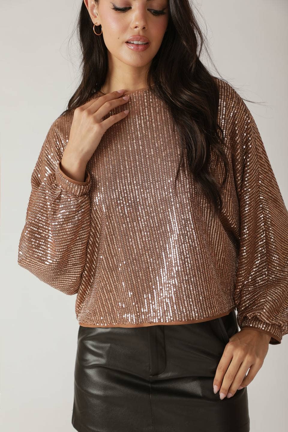 Brown Sequin Long Sleeve Top