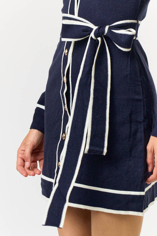 Navy Belted Sweater Dress