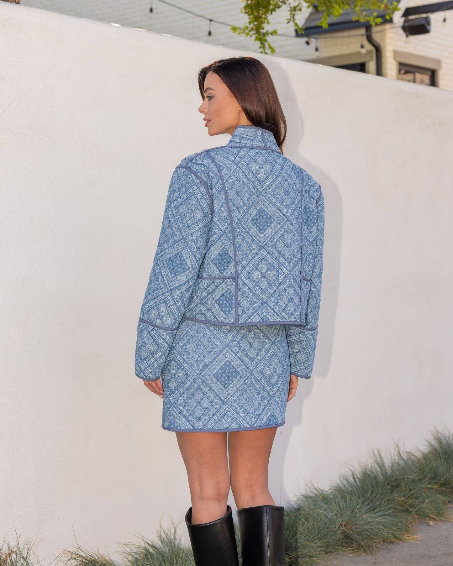 Print Padded Quilt Piping Detail Mini Skirt