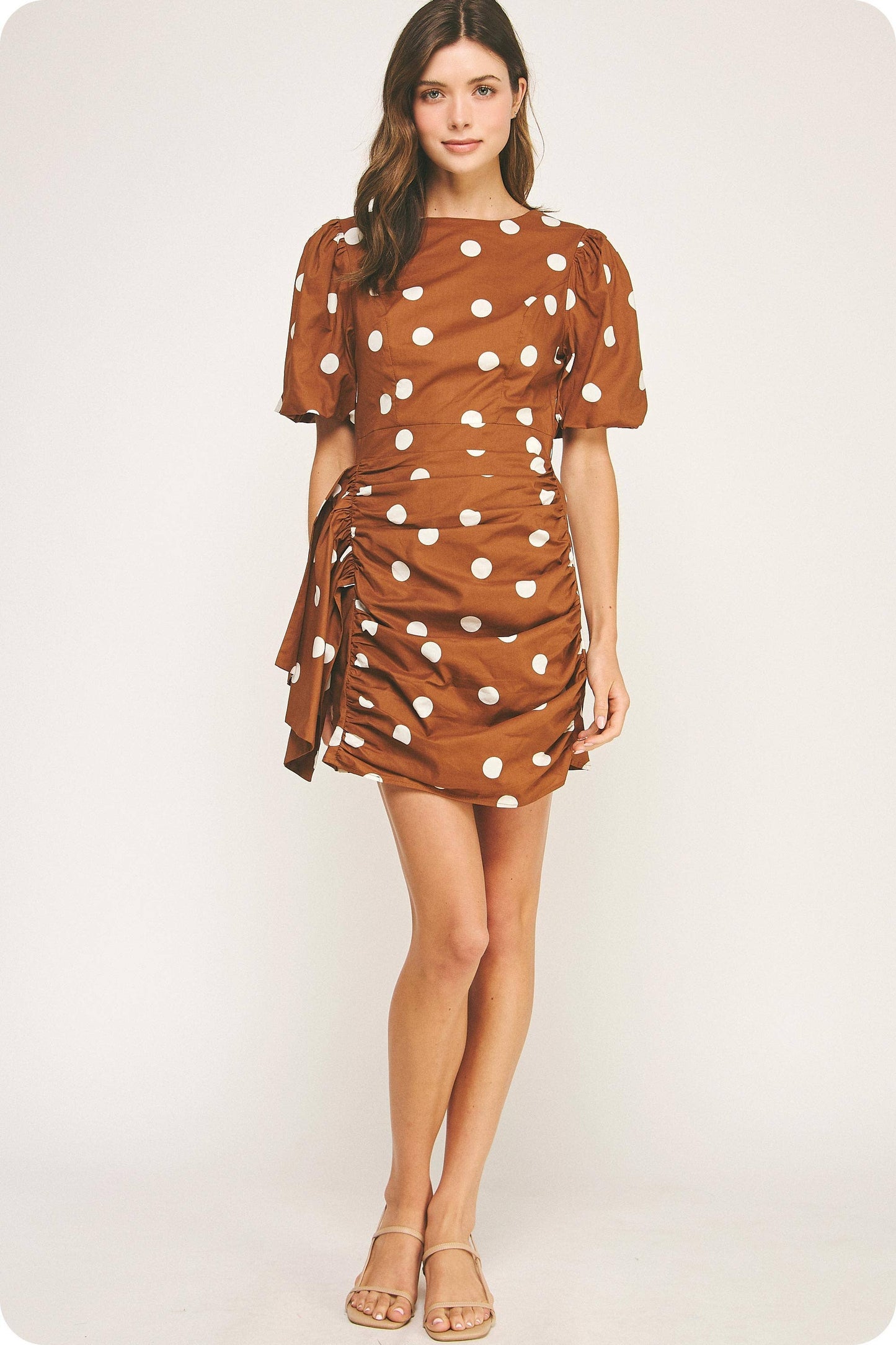 Ruched Short Puff Sleeve Polka Dot Voile Mini Dress