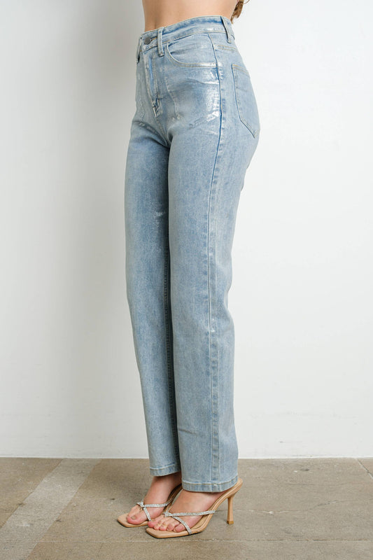 High Rise Metallic Foil Stretch Denim Pants