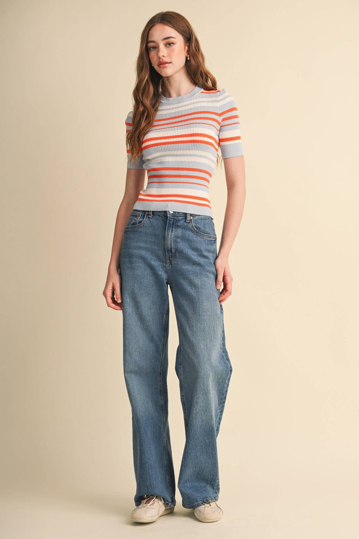 Ribbed Short Sleeve Striped Sweater