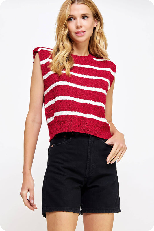 Shoulder Pad Sleeveless Textured Striped Knit Top