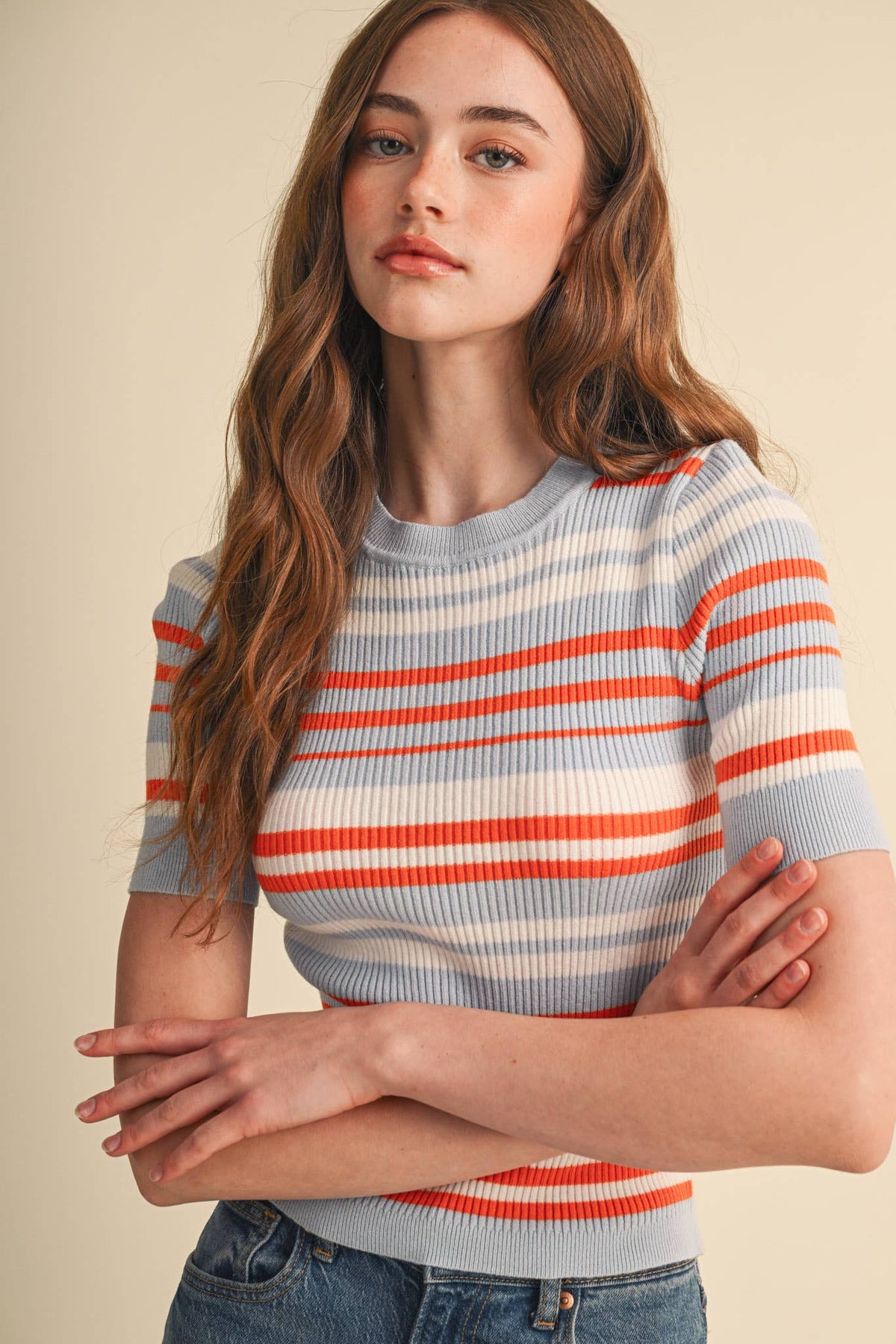 Ribbed Short Sleeve Striped Sweater