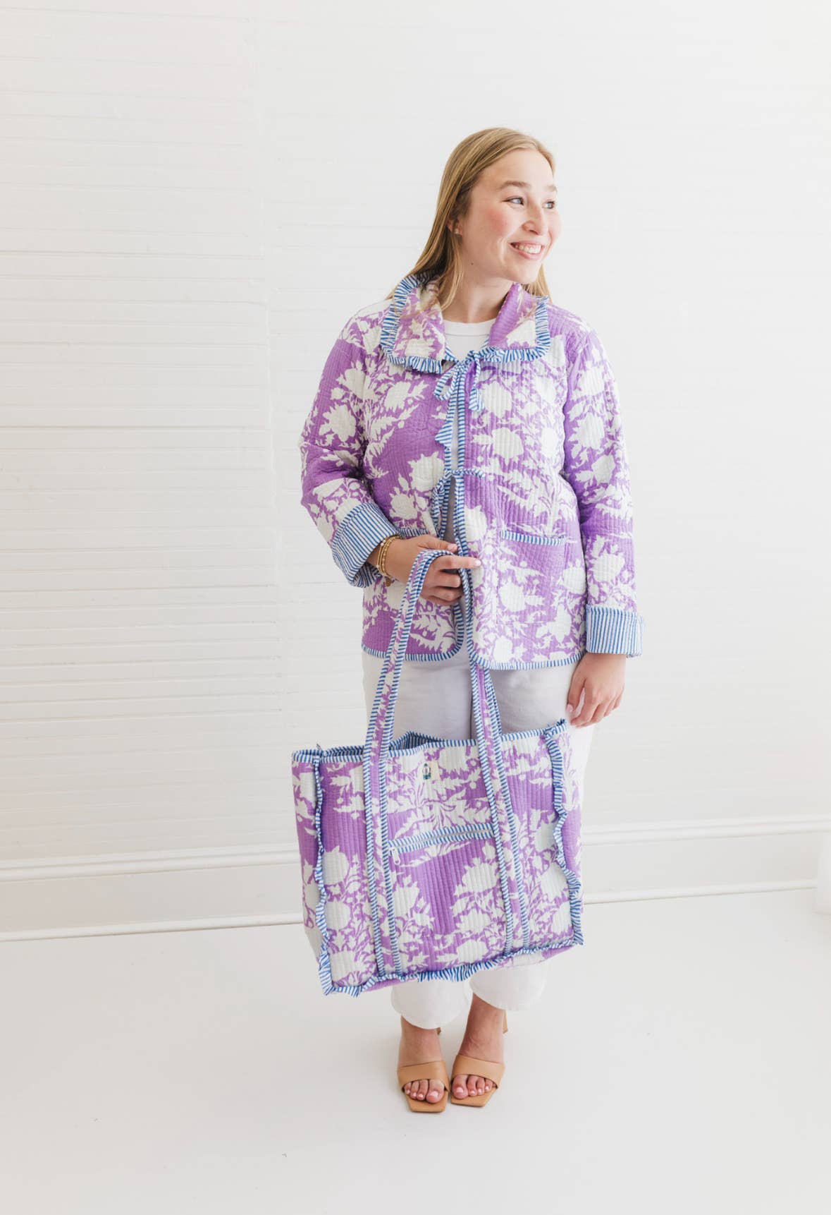 Lilac Blossoms Quilted Block Print Ruffle Bow Jacket-XS