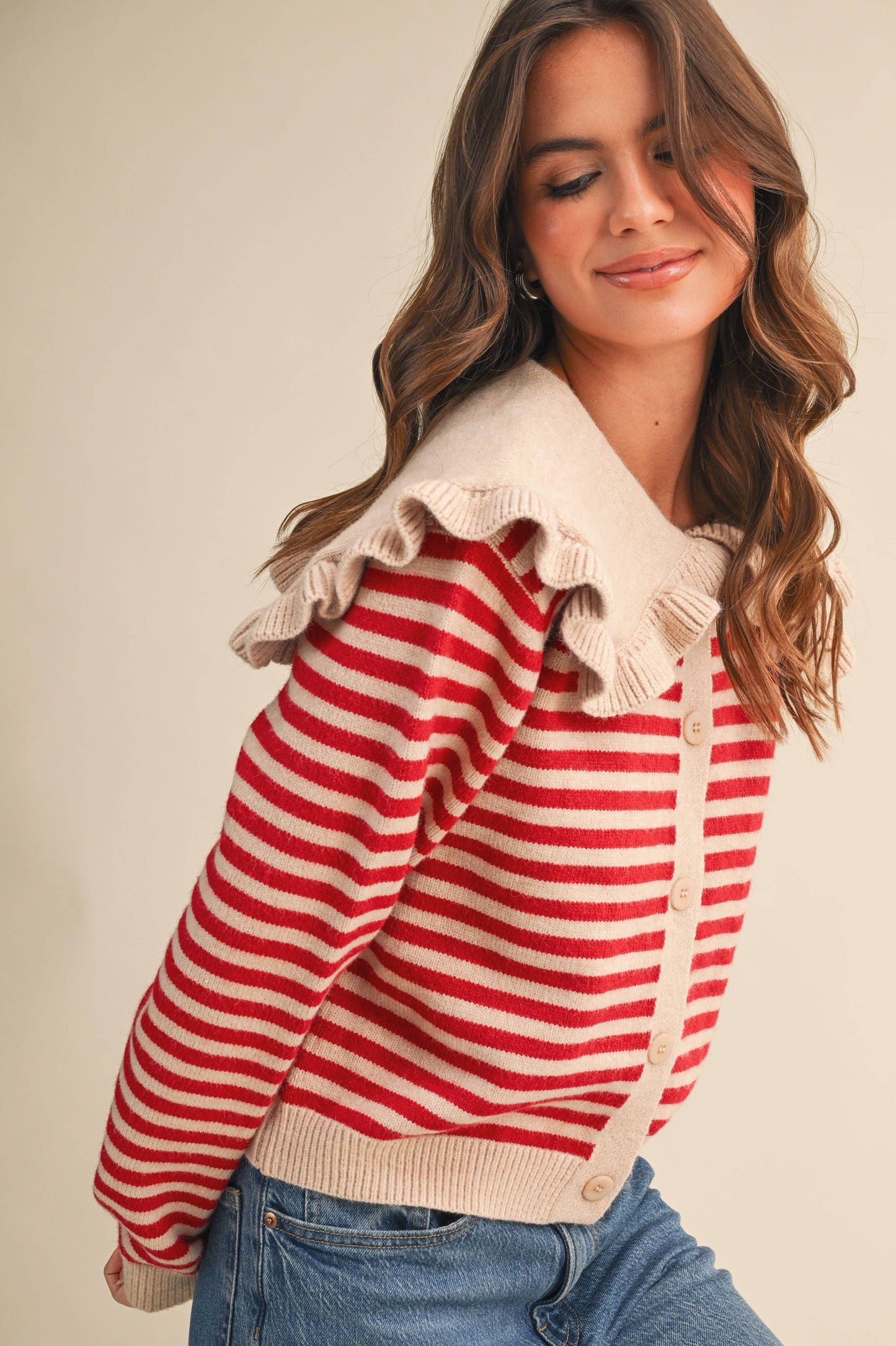 Ruffle Collar Stripe Cardigan