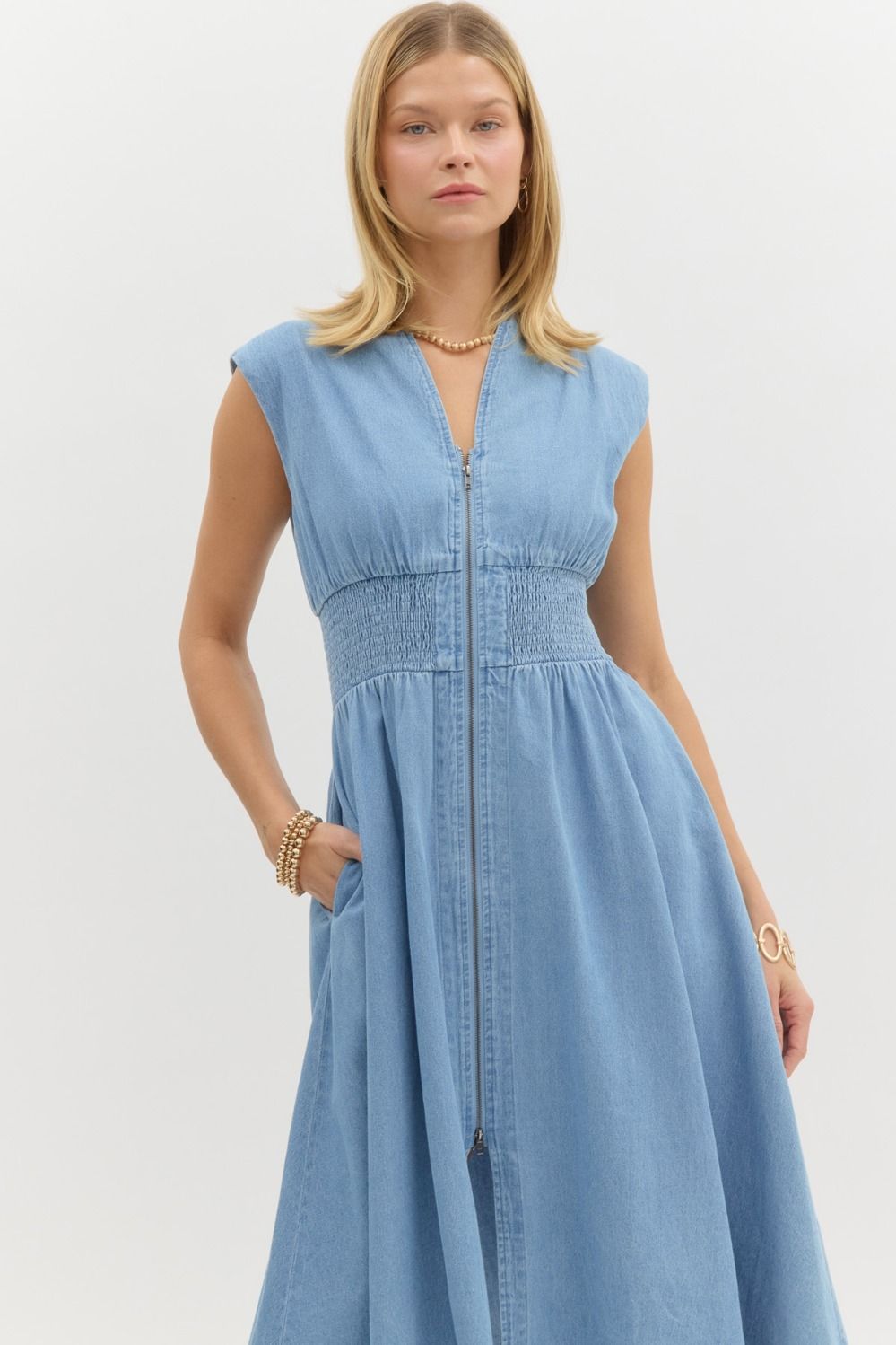 Denim Cap Sleeve Midi Dress