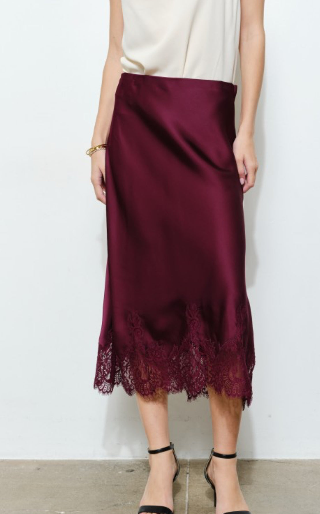 Wine Satin Midi Skirt