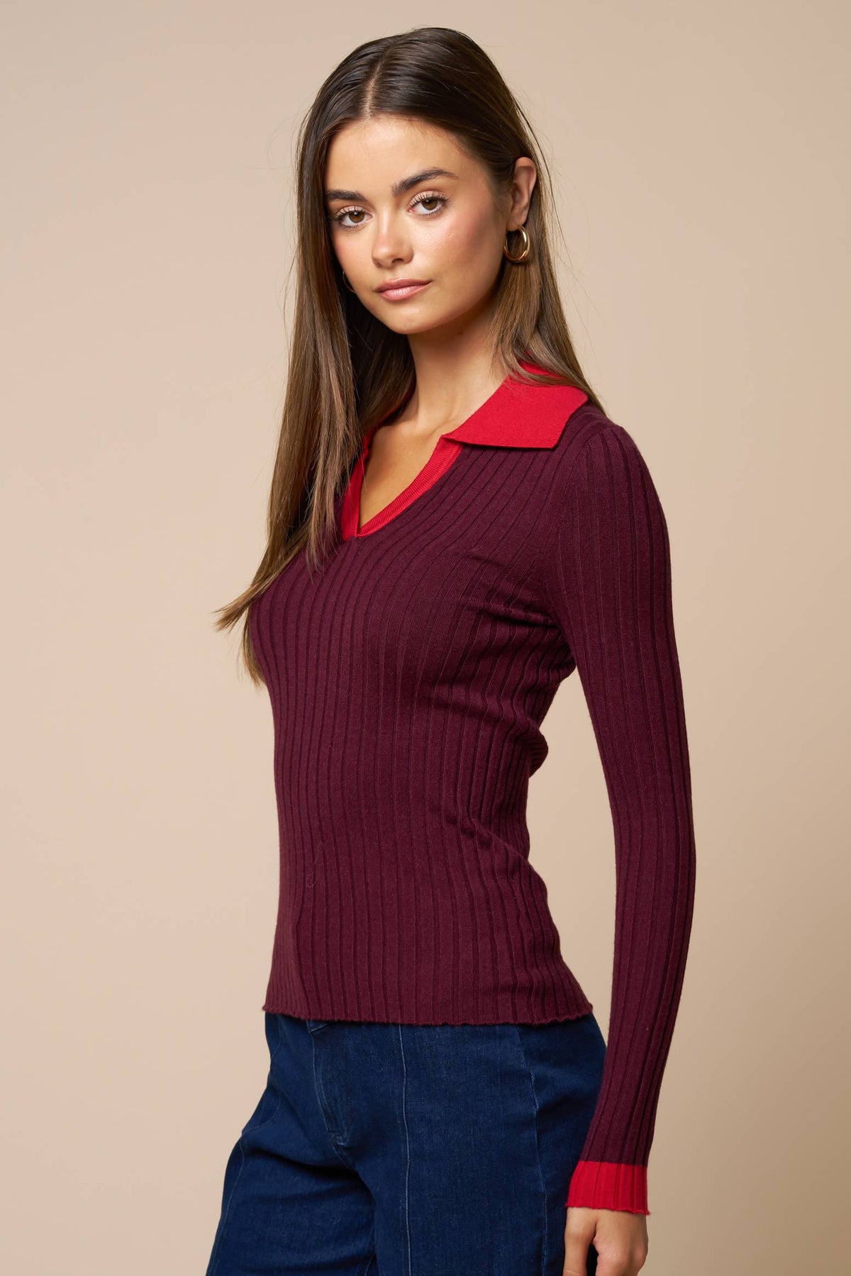 Contrast Collar Ribbed Knit Sweater