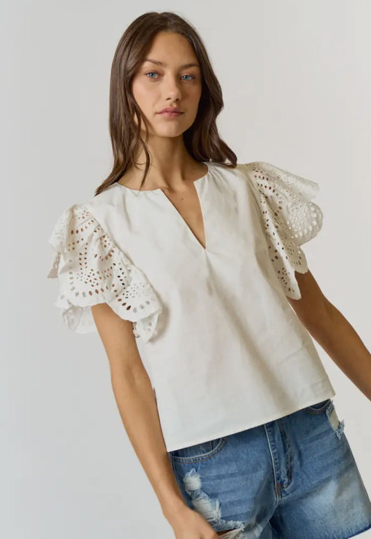 Eyelet Vneck Ruffle Sleeve Top (Size L)