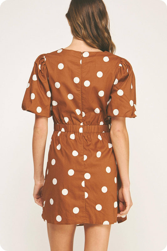 Ruched Short Puff Sleeve Polka Dot Voile Mini Dress