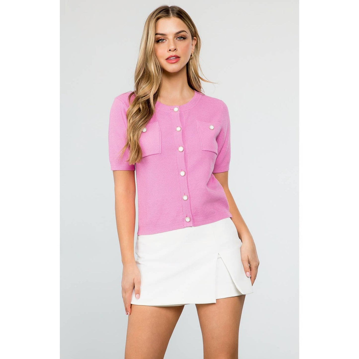 Short Sleeve Button Up Knitted Top