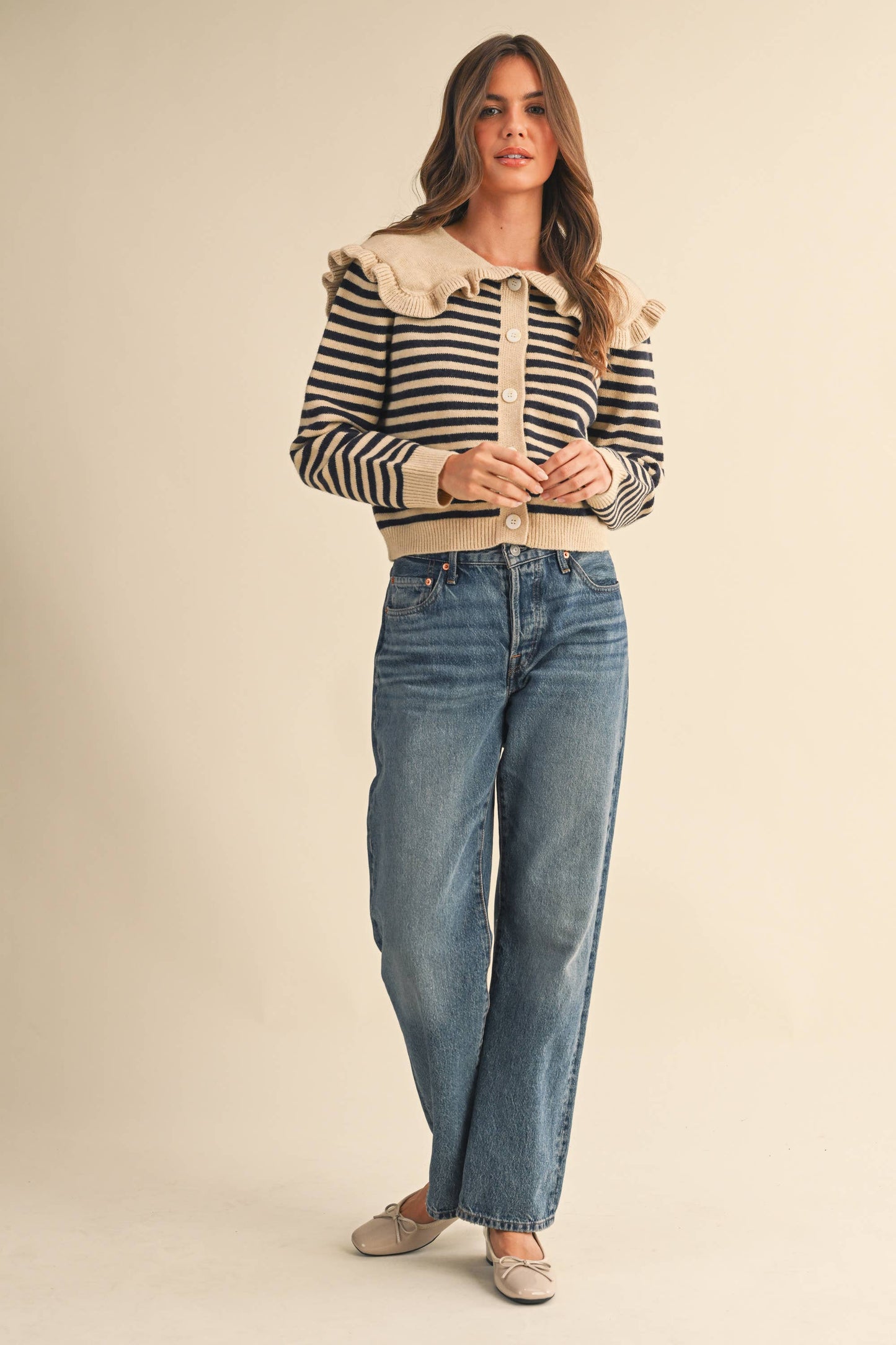 Ruffle Collar Stripe Cardigan