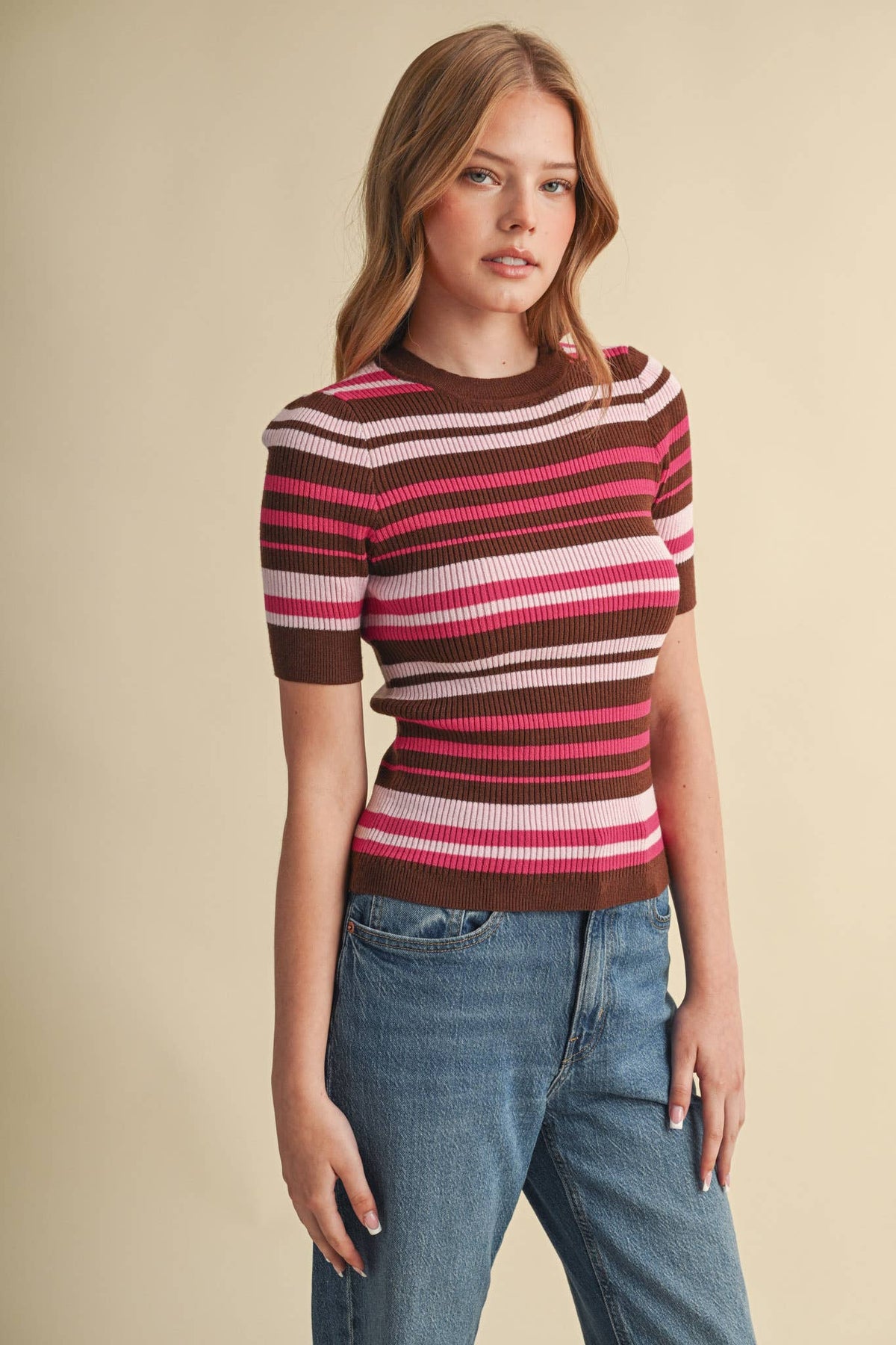 Ribbed Short Sleeve Striped Sweater