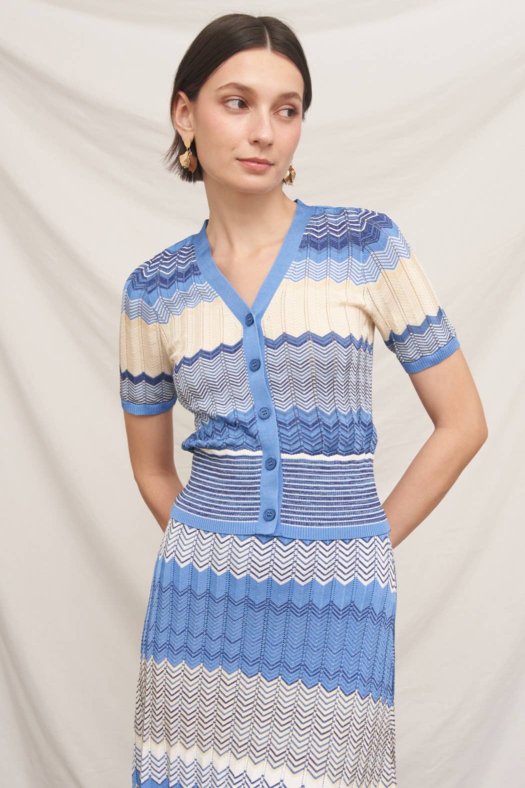 Chevron Pointelle Knit Button Down Short Sleeve Top