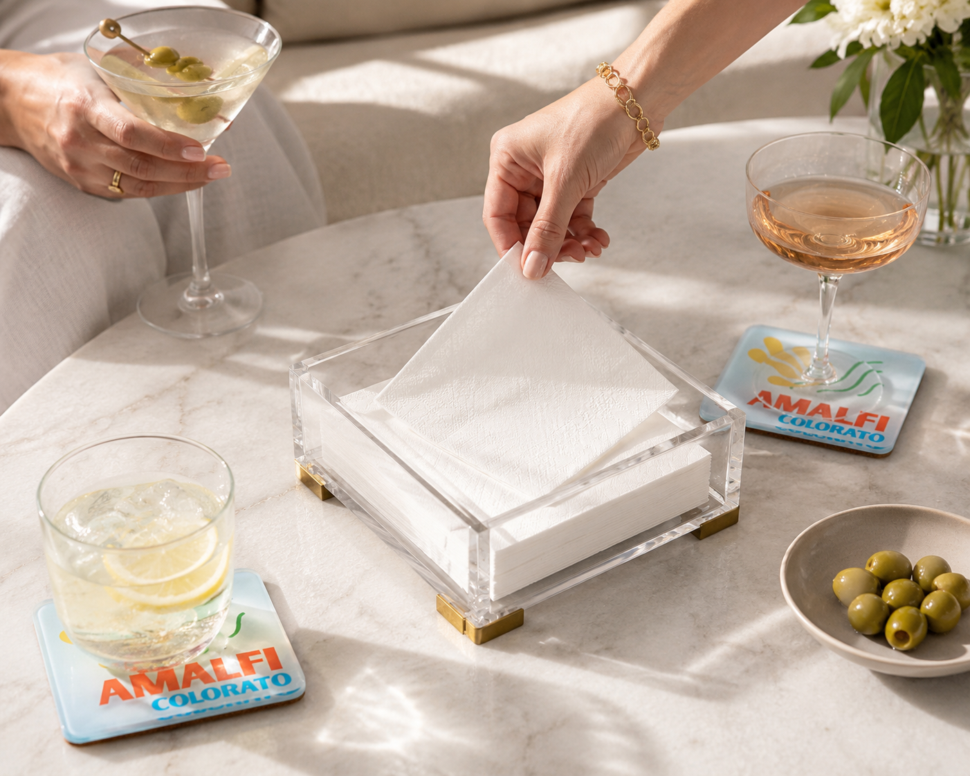 Cocktail Napkin Holder, Brass corners