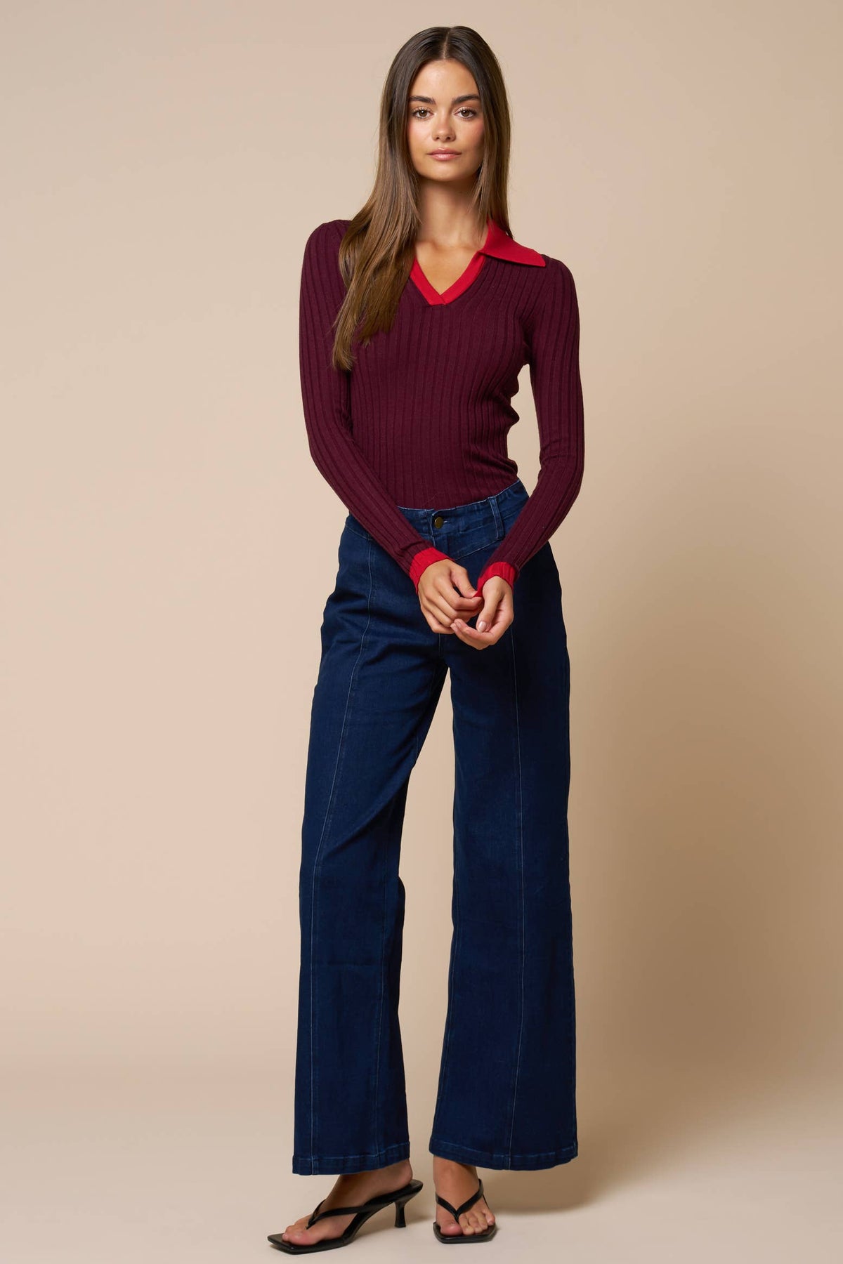 Contrast Collar Ribbed Knit Sweater