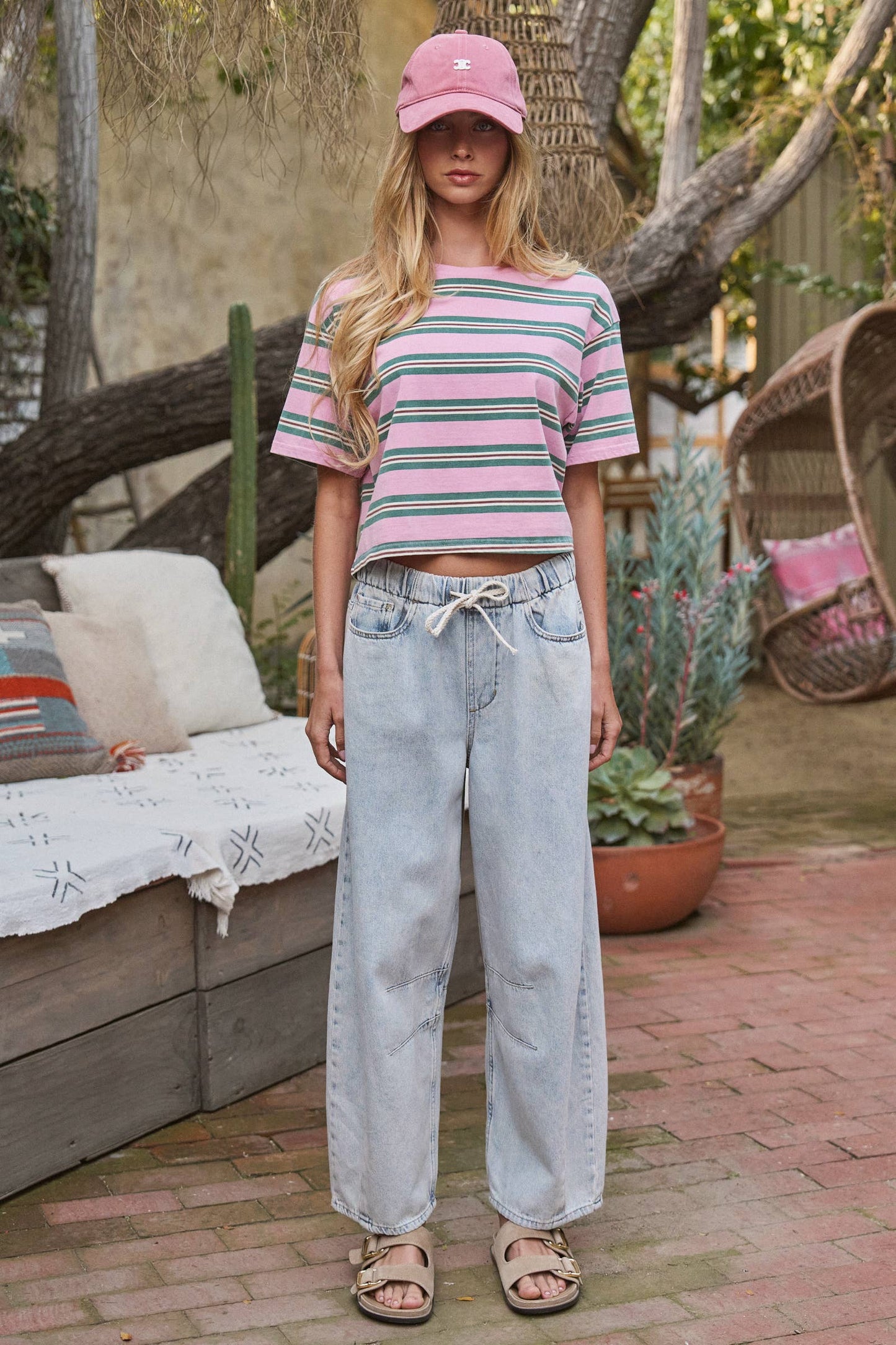 Vintage Washed Striped Cotton Crop Tee