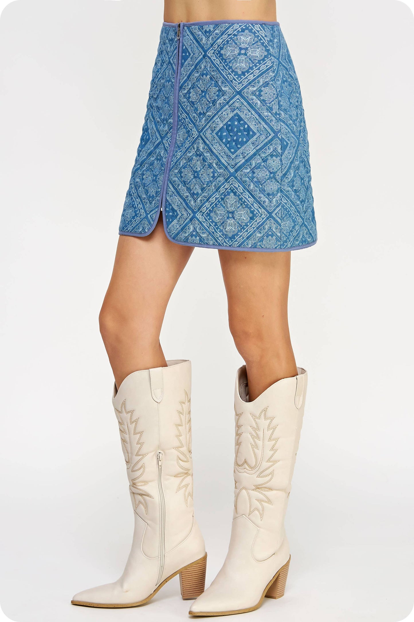 Print Padded Quilt Piping Detail Mini Skirt