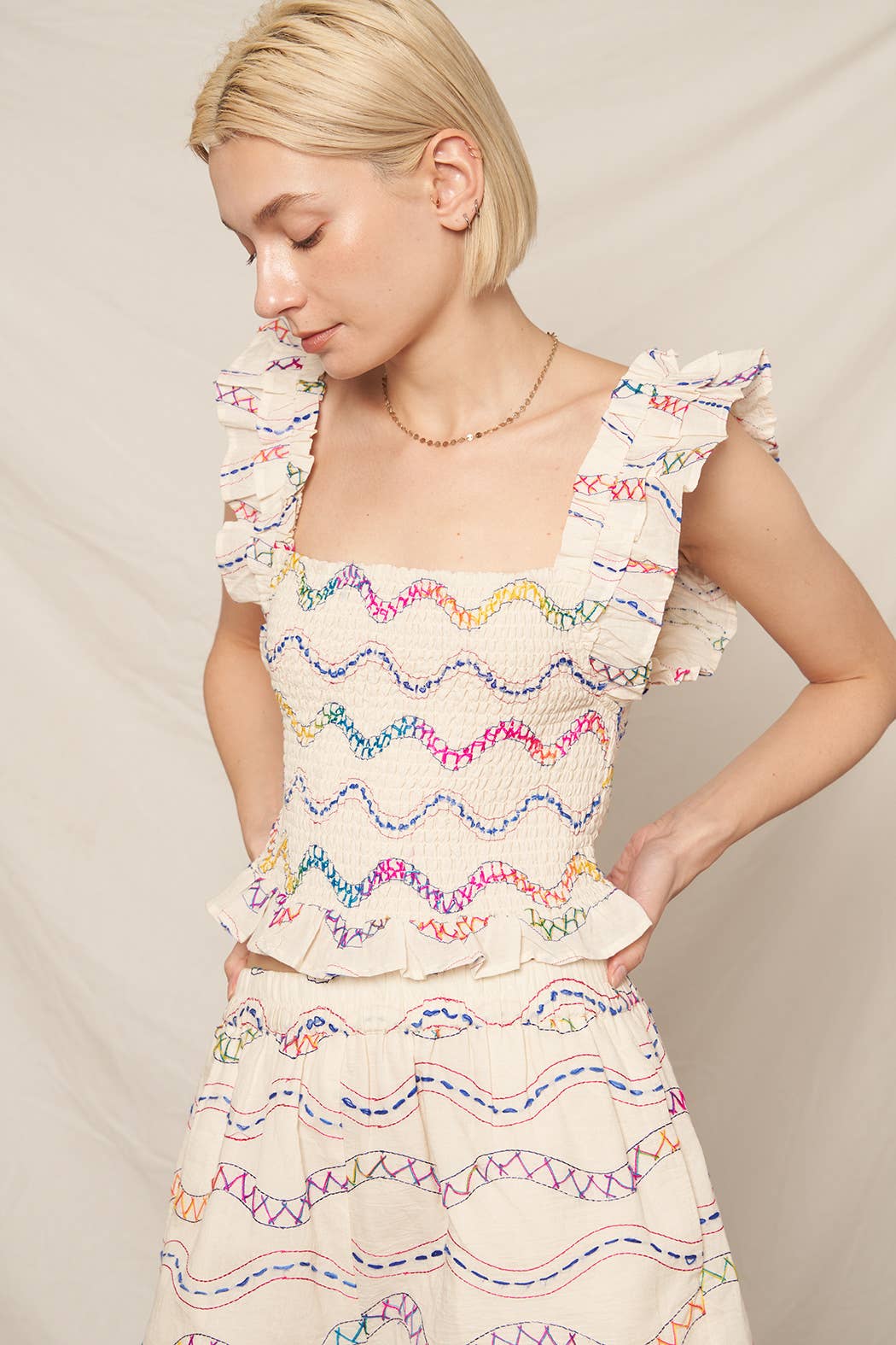 Sleeveless Multicolor Embroidered Smocked Top