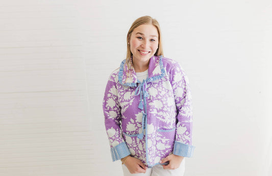 Lilac Blossoms Quilted Block Print Ruffle Bow Jacket-XS