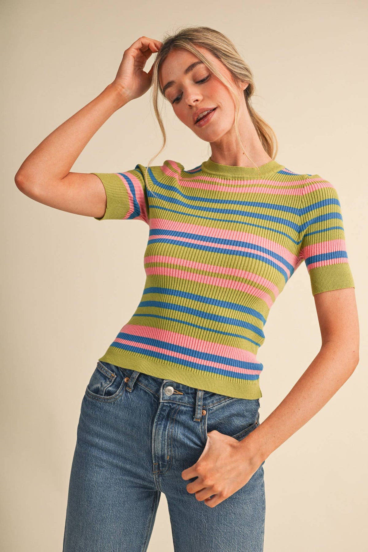 Ribbed Short Sleeve Striped Sweater