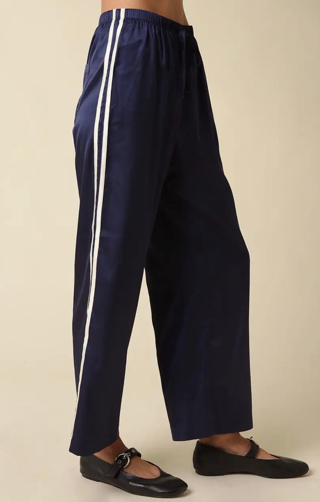 Navy Satin Track Stripe Pants