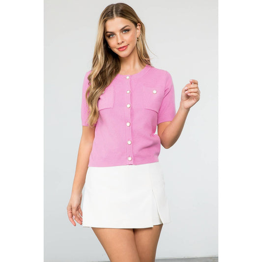 Short Sleeve Button Up Knitted Top