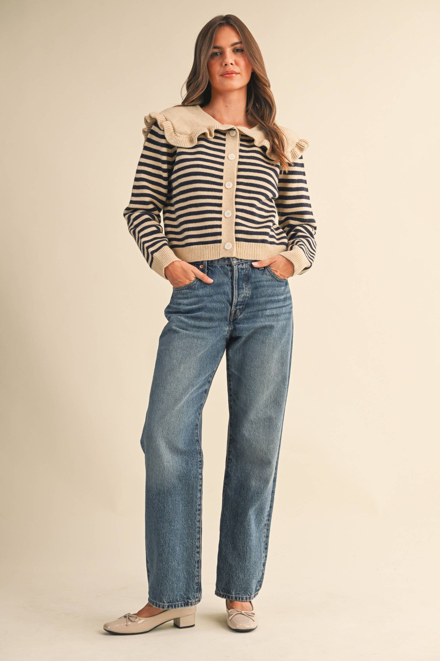 Ruffle Collar Stripe Cardigan