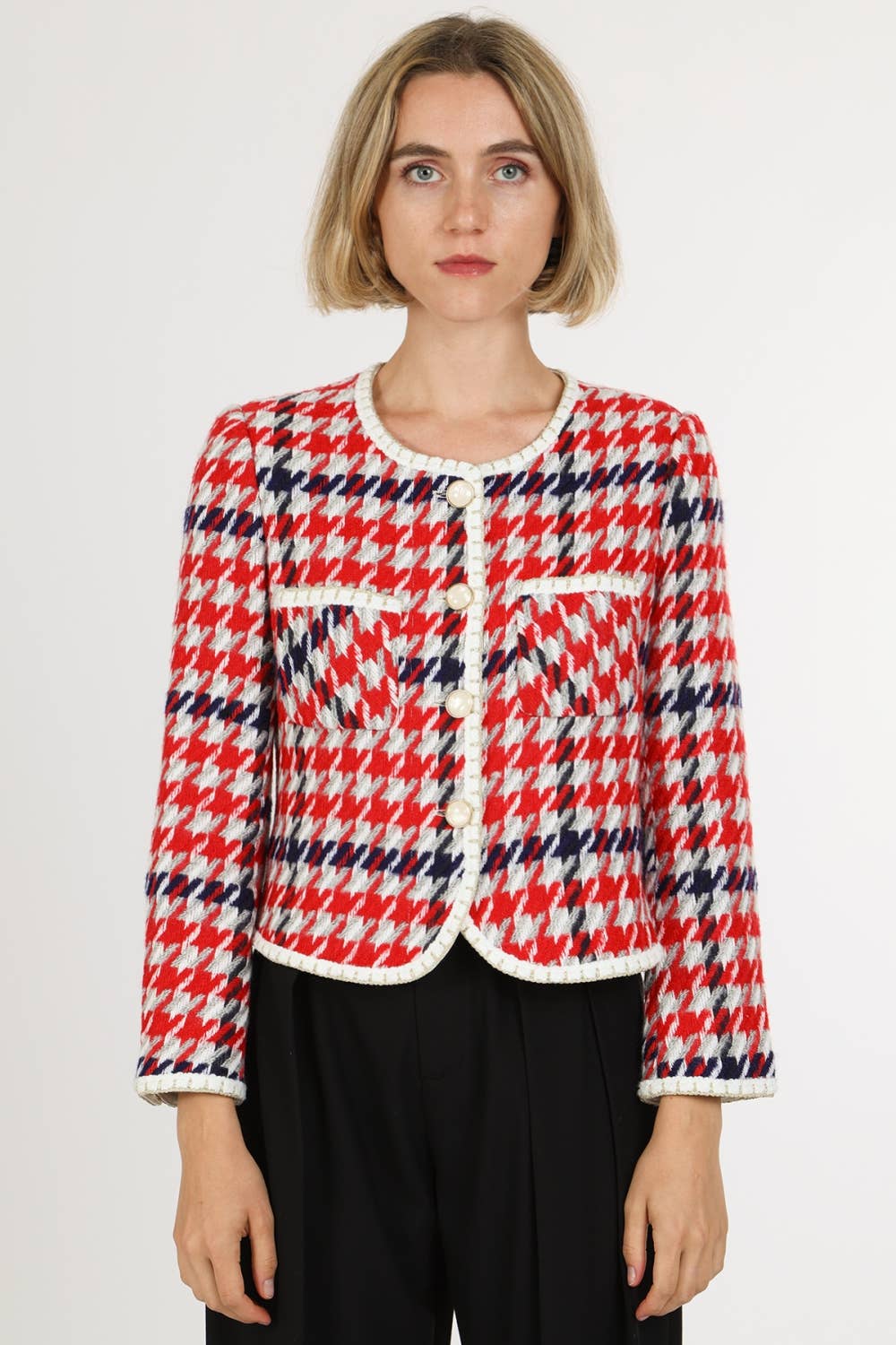 Tricolor Houndstooth Tweed Jacket