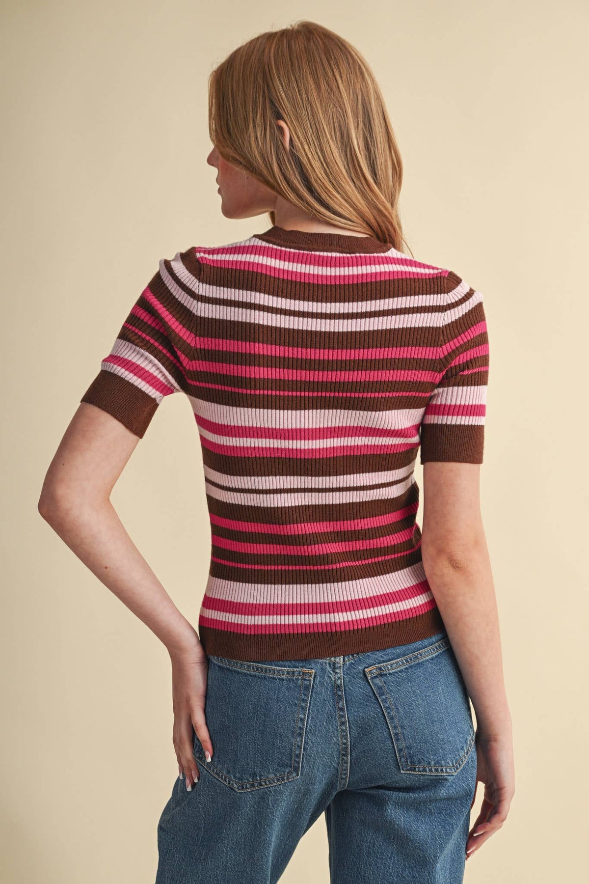 Ribbed Short Sleeve Striped Sweater