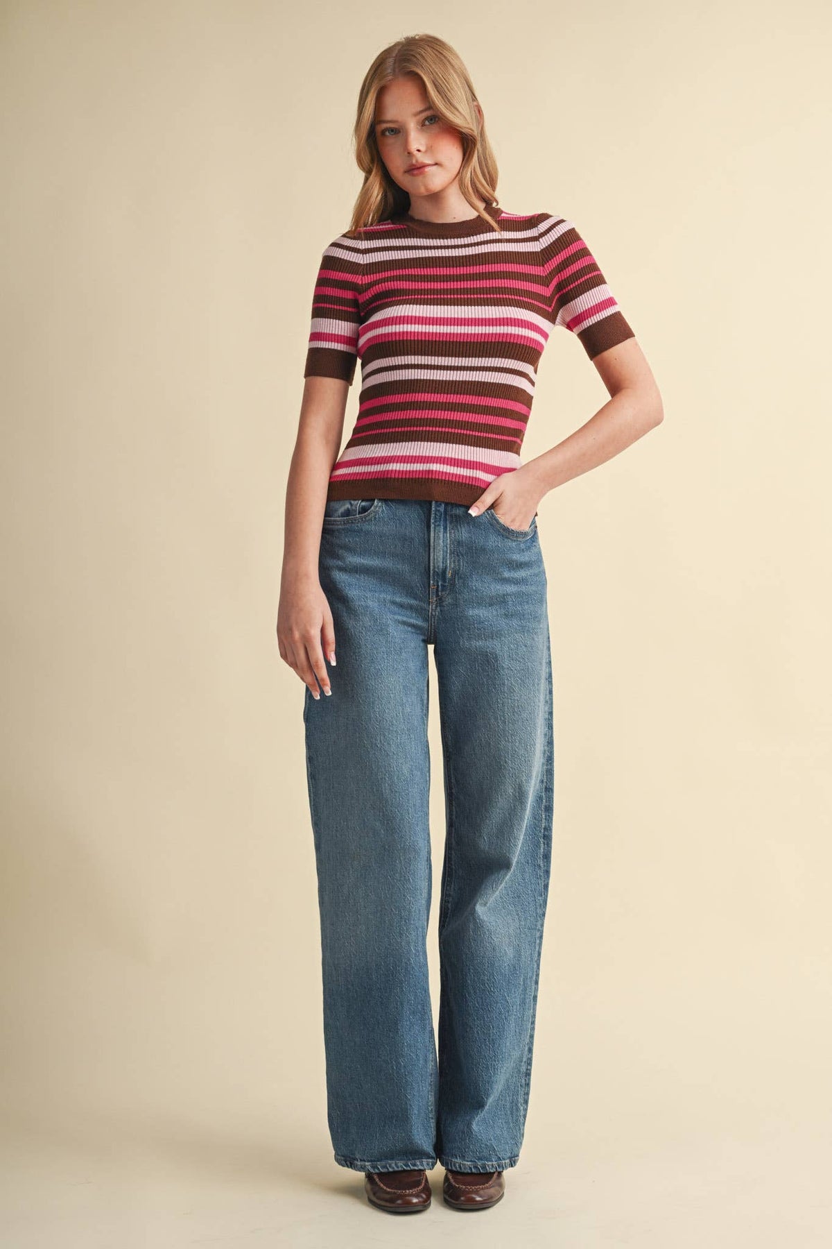 Ribbed Short Sleeve Striped Sweater