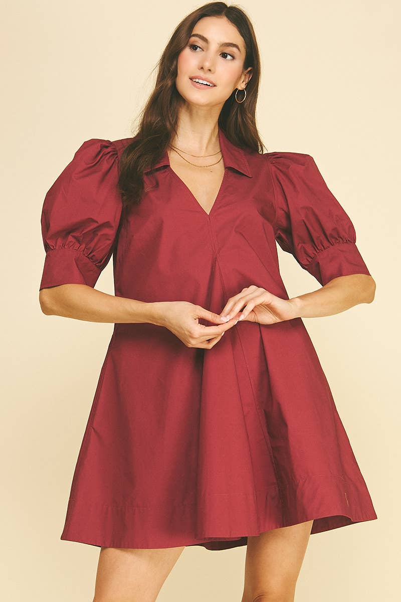 Puff Sleeve V Neck Mini Dress