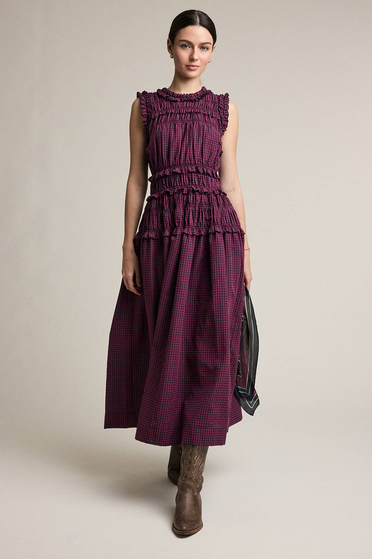 Smocked Ruffle Plaid Maxi Dress