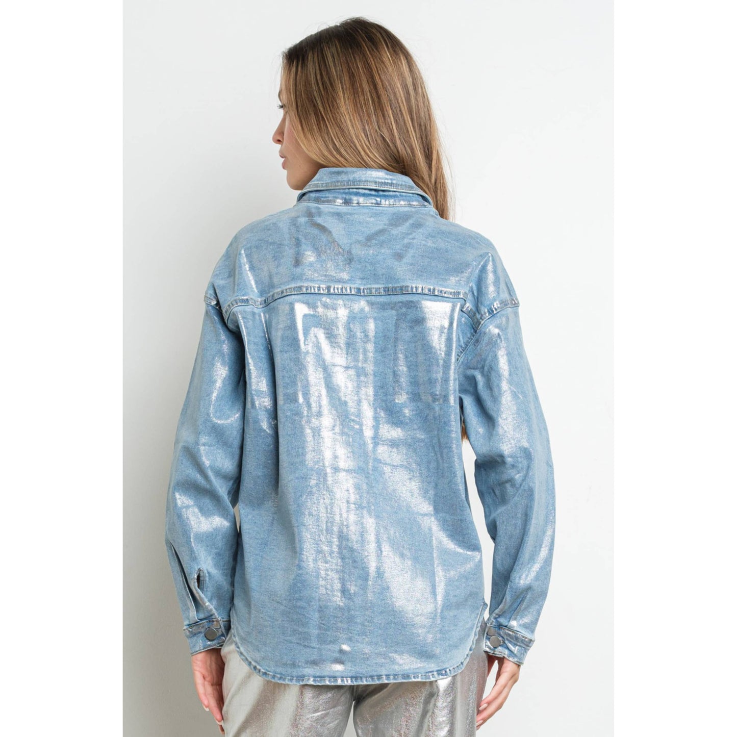 Metallic Foil Button Up Long Sleeve Denim Shirt