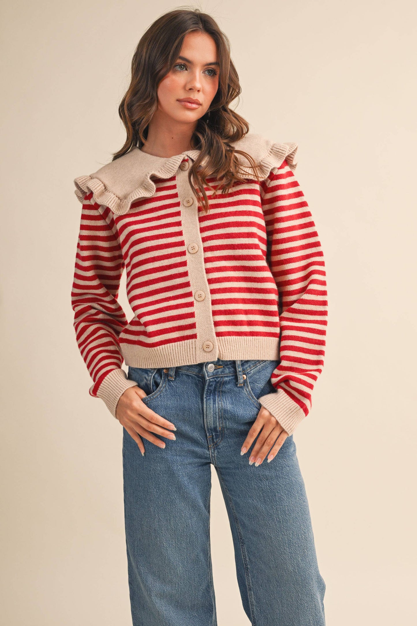Ruffle Collar Stripe Cardigan