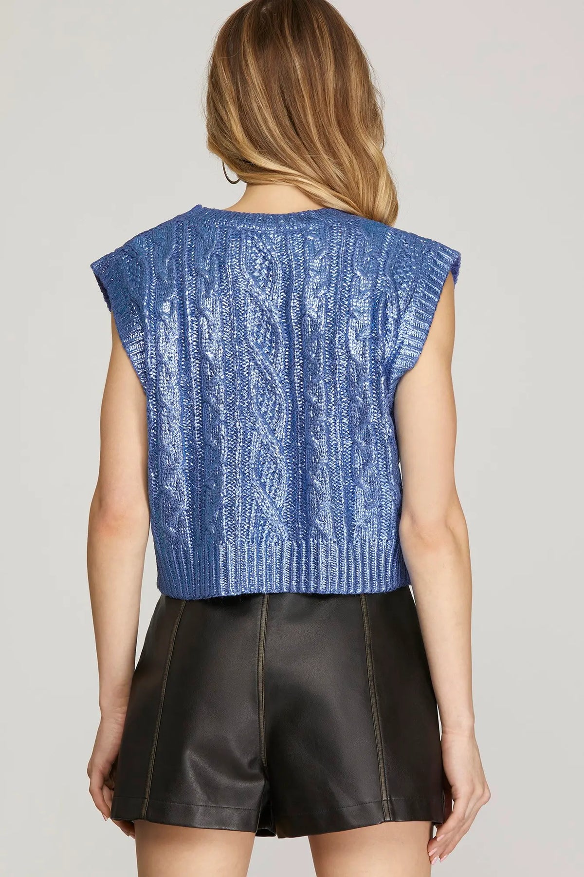Blue Metallic Cable Knit Sweater Top