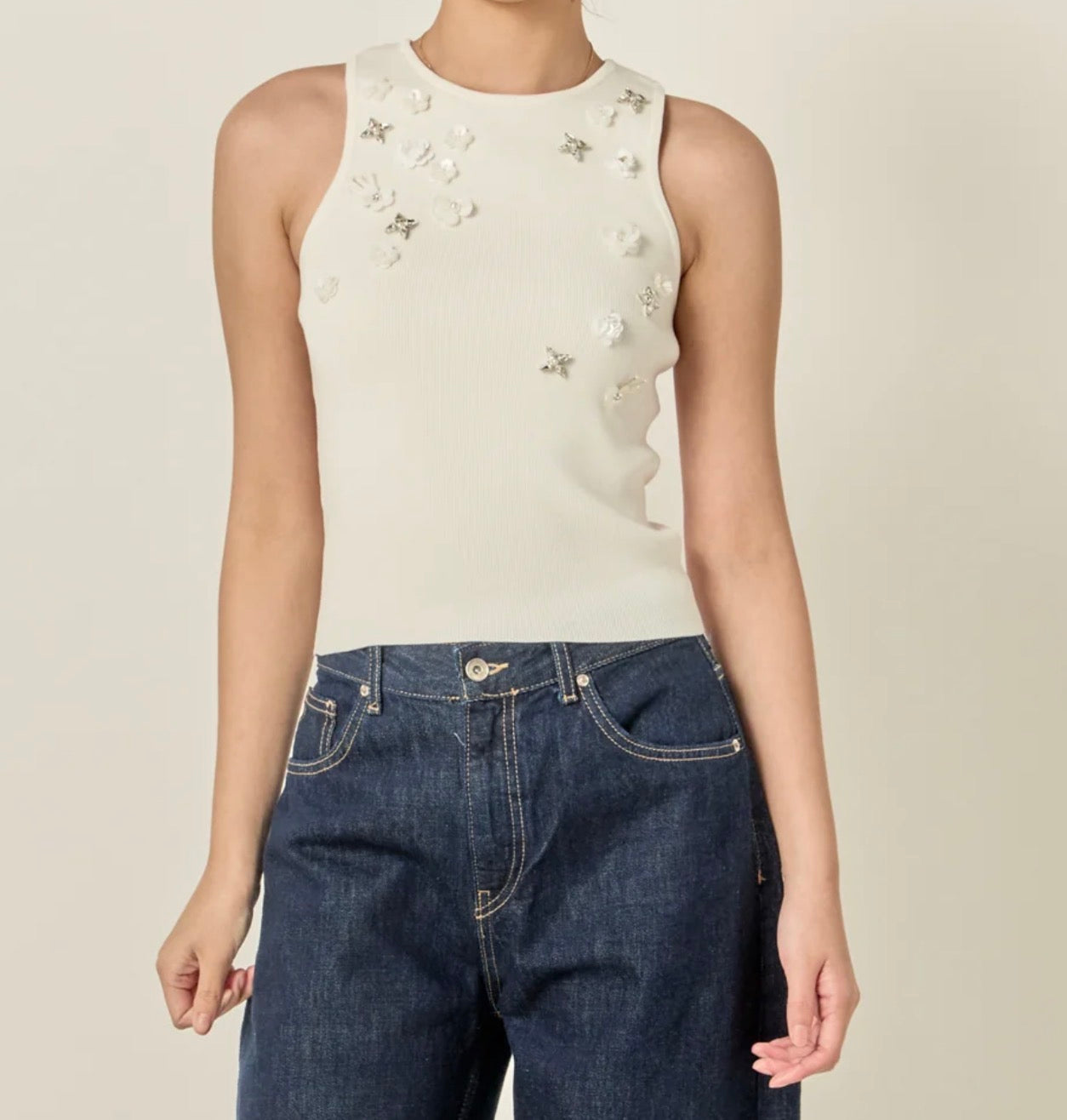 Sequin Rhinestone Flower Top