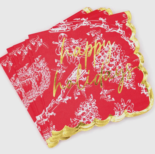 Happy Holidays Gold Scallop Cocktail Napkins