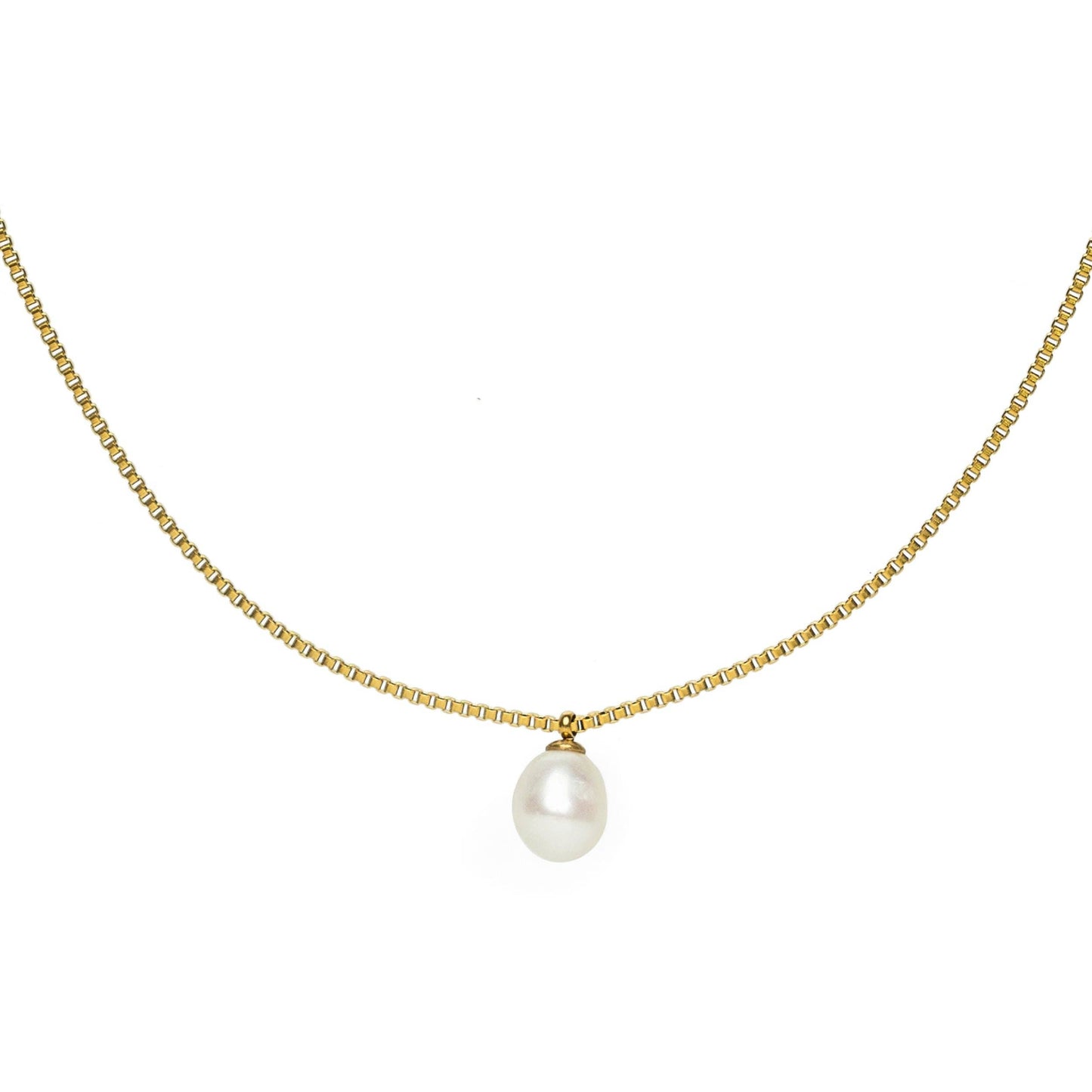 Gold Box Chain Pearl Necklace