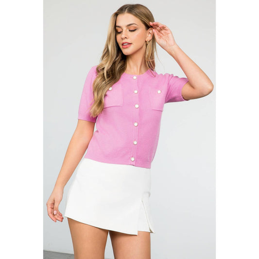 Short Sleeve Button Up Knitted Top