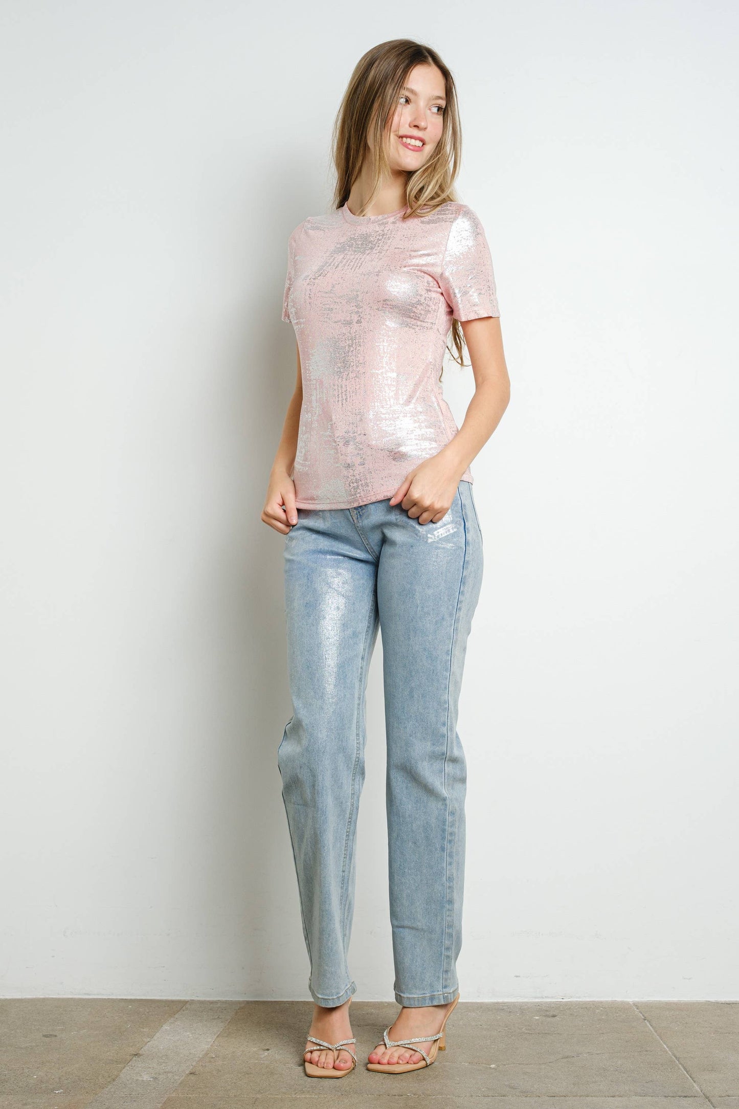 High Rise Metallic Foil Stretch Denim Pants