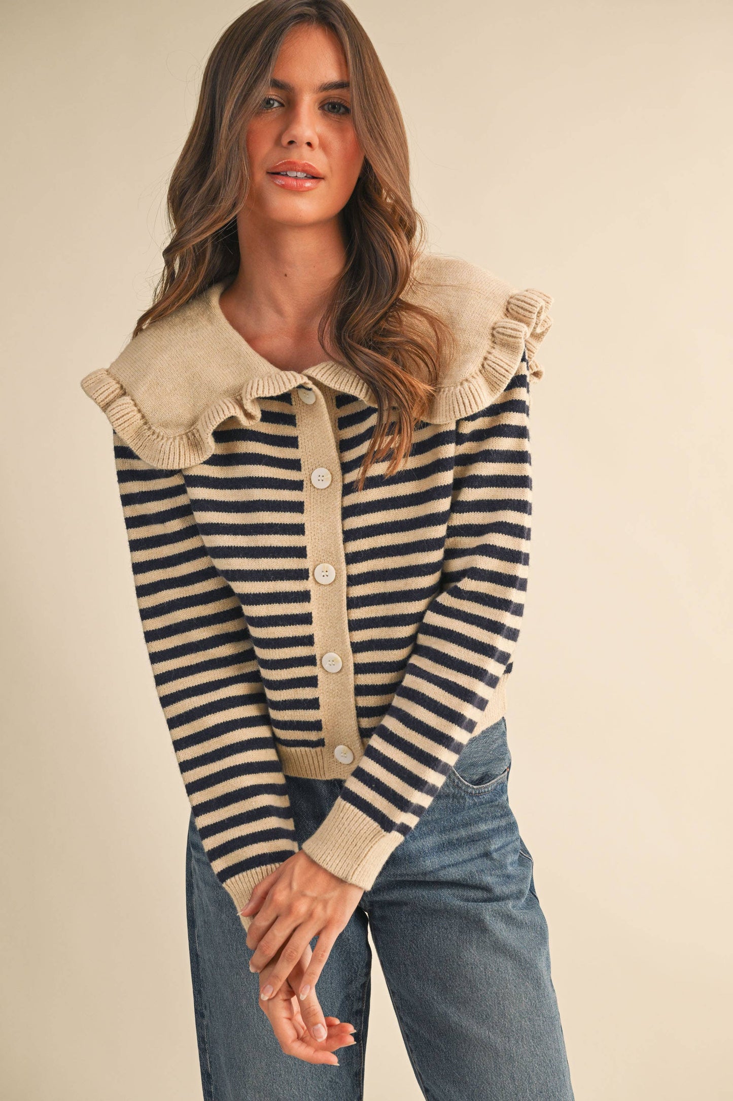 Ruffle Collar Stripe Cardigan